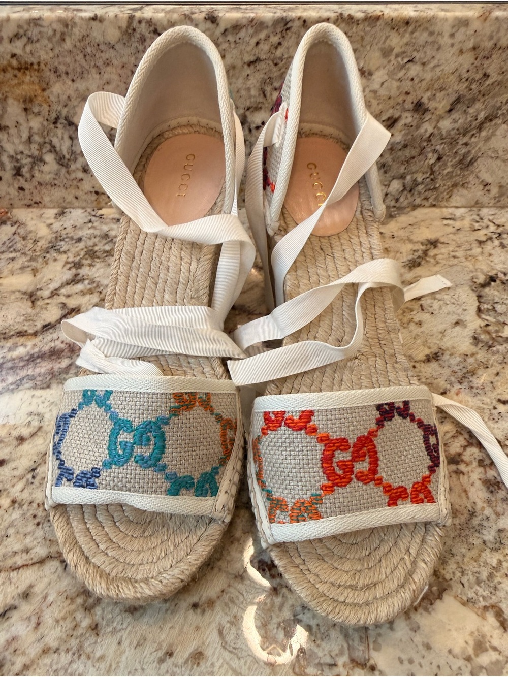 Gucci GG Canvas Espadrille Wedge Sandals Lace Up Multicolor Platform